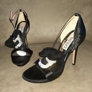 BADGLEY MISCHKA-Black Silk Satin-Jeweled D'Orsay T-Strap Stiletto-6M-New/Sample